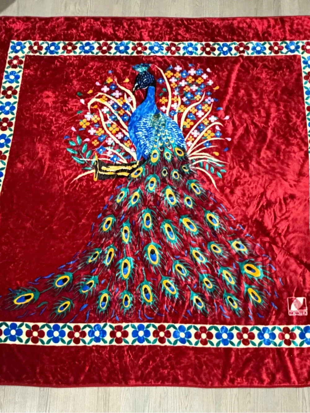 VINTAGE Mexican Novatex Colorful Peacock Blanket King Size Acrylic